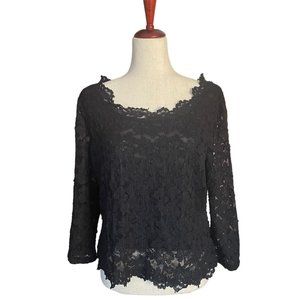 Harris Wallace Y2K Lace Sheer Black Long Sleeve Top Size XL Petite